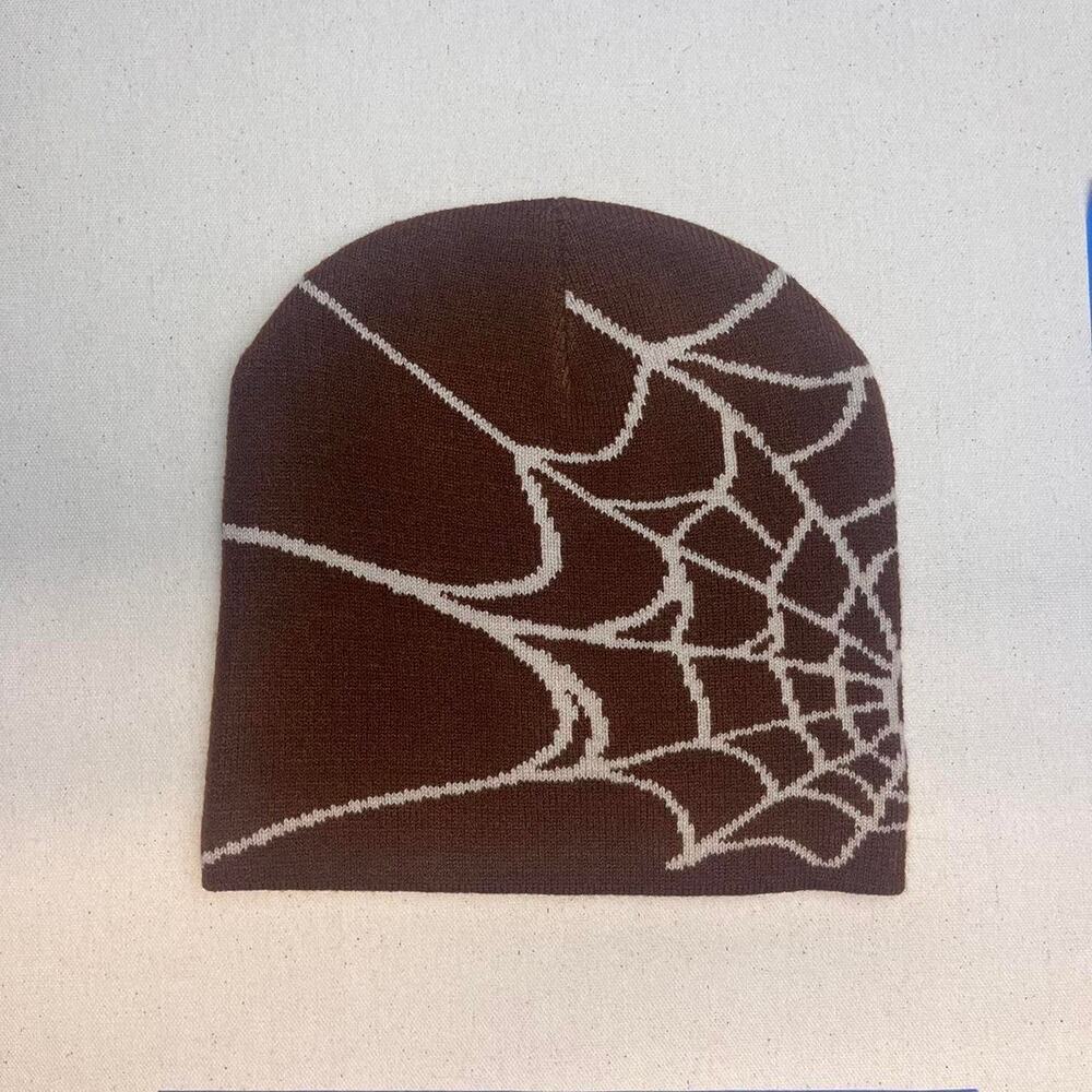Y2k 2000s grunge gothic spiderweb brown beanie - Picture 5 of 6
